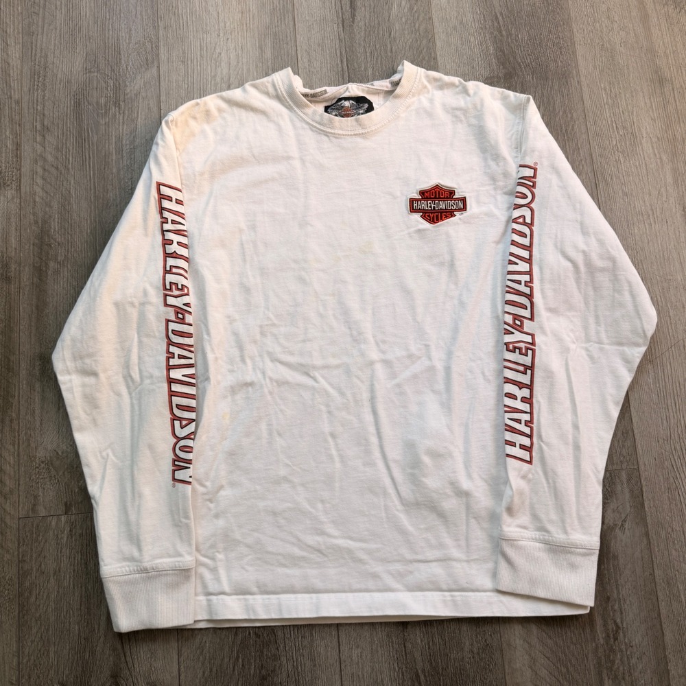 Harley-Davidson Mens L White Long Sleeve Shirt Embroidered Logo Sleeve Print HD